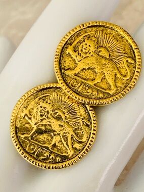 Goldette Persian Coin Lion and Sun Motif Screw-Back Earrings